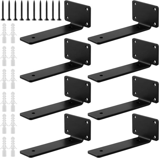 Set van 8 Zwarte Wandplanken Beugels van 6 Inch, 5mm Dikke Verborgen Steunen voor Keuken, Woonkamer en Slaapkamer