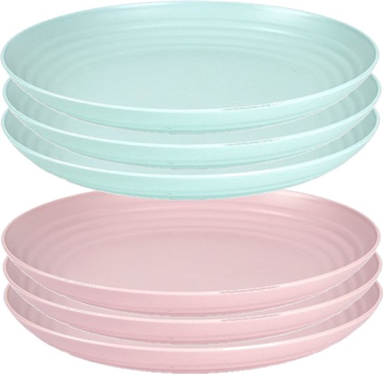 Setje van 6x stuks ronde kunststof diner/ontbijt borden in het groen en roze 25 cm van Parya Home