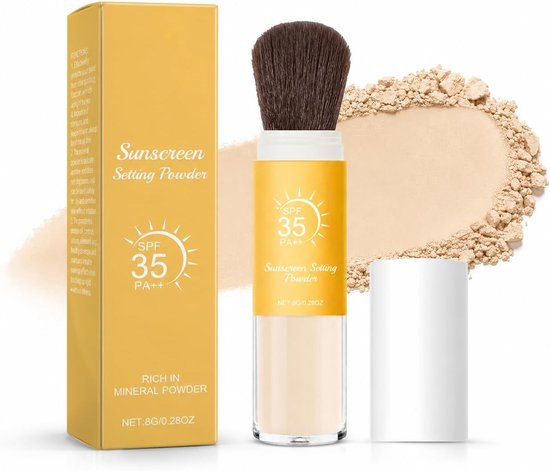 Setting Powder, mineraal zonnebrandpoeder, SPF 35 los poeder met borstel, waterdicht, langdurig, licht en mat gezicht, P-owder, los poeder voor gezicht, hoofdhuid, haar en scheiding