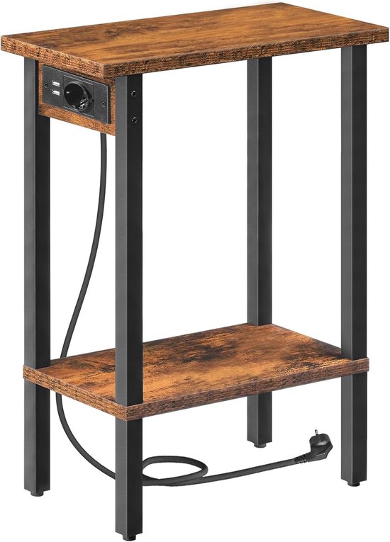 Slanke Bijzettafel 2 Lagen, Salontafel met Oplaadstation, Nachtkastje met Opbergruimte, Salontafel, Voor Kleine Ruimtes, Woonkamer, Slaapkamer, Thuiskantoor, Vintage Bruin en Zwart EBF240CBZ01