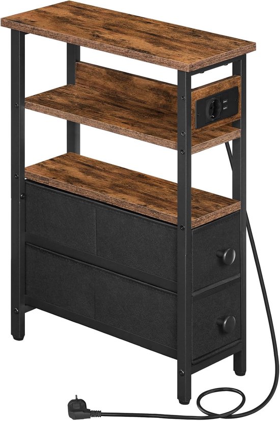 Smal salontafel met oplaadstation, laden in stof, slank nachtkastje met opbergplanken, voor woonkamer, slaapkamer, kleine ruimtes, vintage bruin en zwart