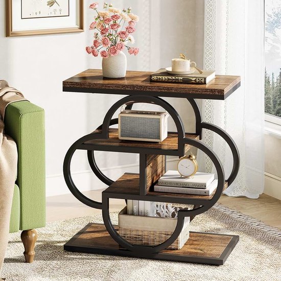 Smalle bijzettafel, 4-laags kleine houten bijzettafel met gebogen metalen frame, rustiek nachtkastje met opbergplanken voor slaapkamer, woonkamer