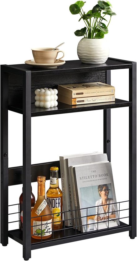 Smalle bijzettafel met 3 niveaus, met tijdschriftenrek, zwart TMZ001B | Eindtafel voor kleine ruimtes,Kleine sofa tafel met opbergplank, mager nachtkastje voor woonkamer slaapkamer
