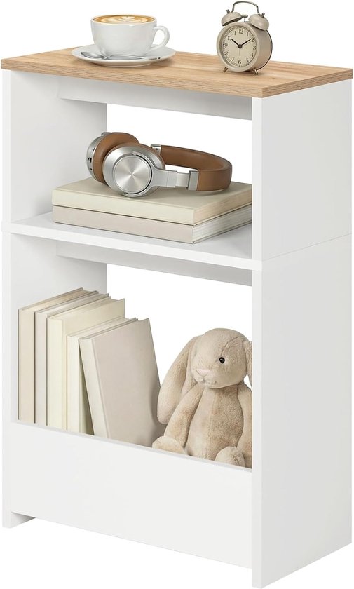 Smalle bijzettafel met 3 niveaus, nachtkastje met plank, salontafel, voor woonkamer, slaapkamer, studeerkamer, keuken, balkon, wit en naturel AETBN7501