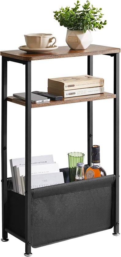 Smalle bijzettafel met opbergruimte, 3-traps smalle salontafel voor kleine ruimtes, 40 x 20 x 66 cm, smal nachtkastje met stoffen mand voor slaapkamer, woonkamer, rustiek bruin YD-ST002H