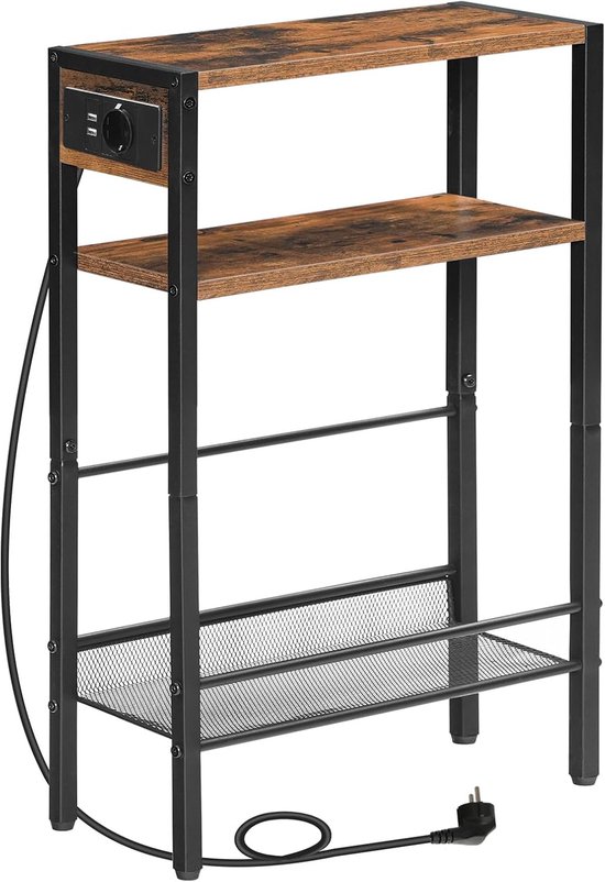 Smalle bijzettafel met stopcontact, nachtkastje met 3 niveaus, 1 standaard stopcontact en 2 USB-poorten, voor kleine ruimtes, verhoogde randen, vintage stijl, voor woonkamer, slaapkamer