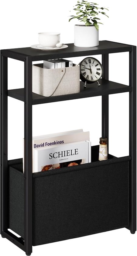 Smalle bijzettafel, slanke bijzettafel met stoffen mand, 3-laags dunne bijzettafel voor kleine ruimtes, moderne sofatafel voor woonkamer, slaapkamer, kantoor, zwart TMZ009B