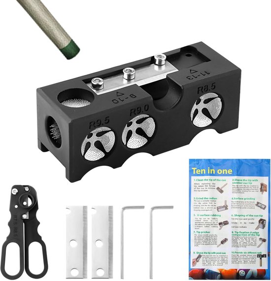 SnelShoppen - 10-in-1 Pool Cue Tips Vervangset, Biljart Kegel Tip Vormer met Biljart Kegel Schaar, Vervangmes en Inbussleutels, Professionele Biljart