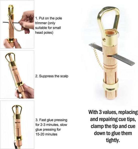 SnelShoppen - Houten Staaf Trimmer voor Biljart, Twee-In-Een Cue Reparatie Tool met Houten Klem en Bestand voor Cue Tips, Sterk en Duurzaam Biljart Ac