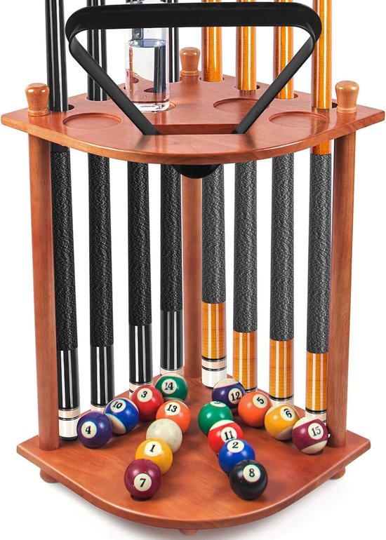 SnelShoppen - Poolbiljart Cue Rack met 8 Stokken, 16 Ballen, Drinkhouder en Scorebord - Billiard Cue Houder voor Feesten en Spelletjesavonden
