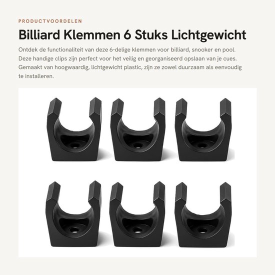Solidchoice- Klemmen 6 stuks - Billiard Snooker Cue Houder - Lichtgewicht - Duurzaam - Muurbeugel - Ruimtebesparend - Cue Holder