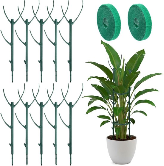 Stackbare Plantsteunen voor Binnen en Buiten - 10 Stuks voor Klimplanten en Stamsupport met 2 Rollen Haak-en-lus voor Stabilisatie en Training van Wijnstokken