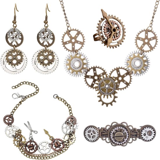 Steampunk 5 stuks damesaccessoires, tandwielen, hangers, halsketting, oorbellen, ring, armband, haarspeld, vintage stijl, metaal, voor carnavalskostuum