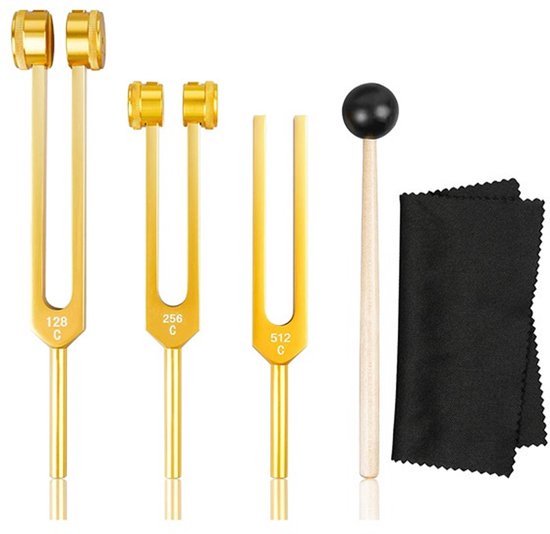 Stemvorkset - Stemvorken zijn ideaal voor genezing, chakra's, klanktherapie en het behouden van een perfecte harmonie van geest, lichaam en ziel - Set klanktherapie-instrumenten - Geschikt voor meditatie en genezing - Goud 128+256+512+Stemhamers van Ohm Store