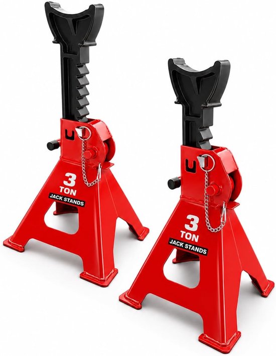 Steunbokken, 3T, met zekering, krik, standaard, modelkeuze, krik, werkplaatsstandaard, professionele bandenwissel, stelbok, autohefbok, rubber, auto, camper, rood