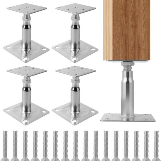 Steunen,4 Stuks gegalvaniseerde verstelbare verhoogde paalvoetsteunen,100-150 mm paaldragers in hoogte verstelbaar voor pergola's, luifelsteunen en balkons