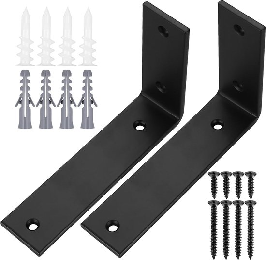Stevige 90-Graden Plankbeugels van Hoogwaardig IJzer, Ideaal voor Houten Planken en Meubels, Set van 2 Zwarte Beugels (15.2 x 10.2 x 3.8 cm)