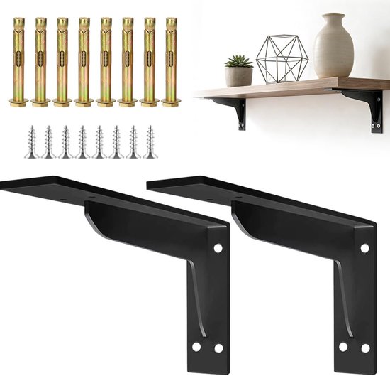 Stevige Hoeksteunen voor Planken - 2 Stuks, Wandmontage, Ideaal voor Thuis, Keuken en Werkplaats, Zwart Metaal (443 x 145mm)
