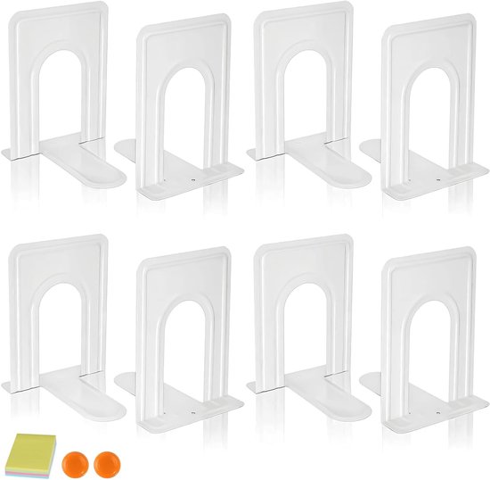 Stevige metalen boekensteunen, antislip design voor kantoorbenodigdheden en huisdecoratie, 4 paar (wit)