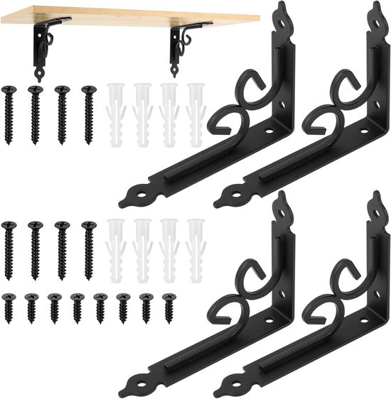 Stevige Wandbeugels voor Planken - Set van 4 Zwarte Hoeksteunen voor Wandmontage, Ideaal voor Floating Shelves en Opbergruimte, 4.52 x 5.9