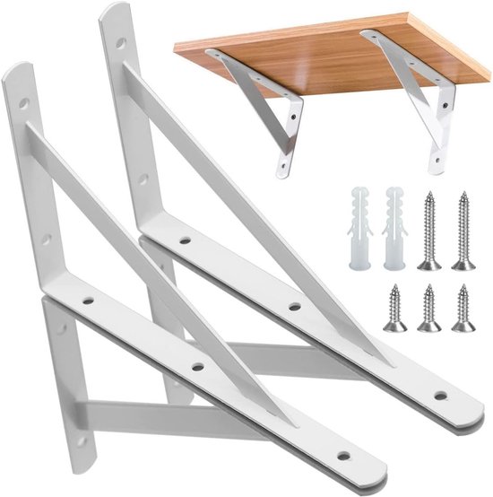 Stevige wandbeugels voor zwevende planken, L-vormige metalen steunbeugels, RVS hoeksteunen voor planken (300x190x2mm) in wit