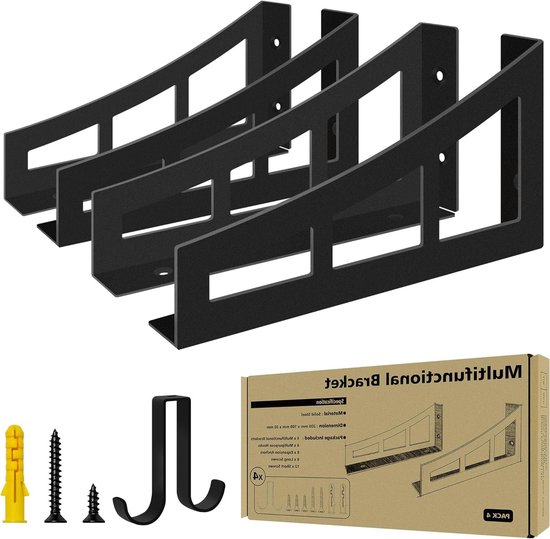 Stevige Zwarte Plankdragers van 20 cm, 4 Stuks, Voor Hoekplanken, Tot 90 kg Belastbaar, Inclusief Extra Haakjes