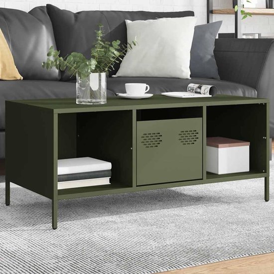 Stijl salontafel van koudgewalst staal 101,5 x 50 x 43,5 cm olijfgroen met verstelbare poten en praktische deur voor opbergruimte