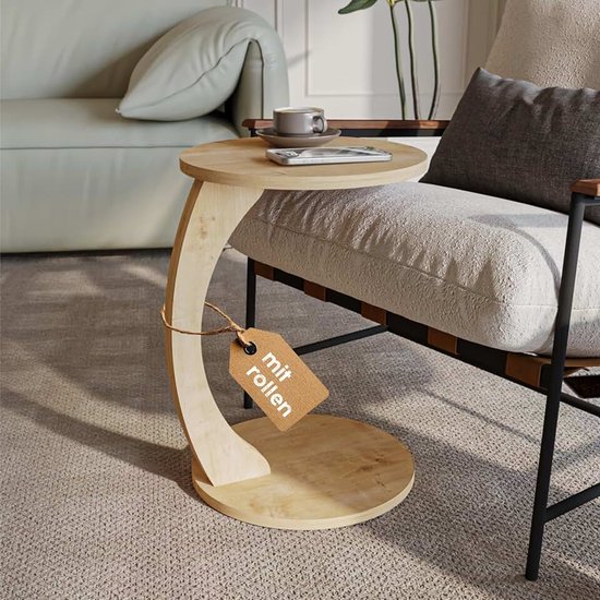 Sugodesign salontafel met wielen, kleine bijzettafel C-vorm, salontafel, stijlvolle sofatafel in mooie eikenlook, ronde tafel als opbergruimte voor bank en woonkamer, C-vorm