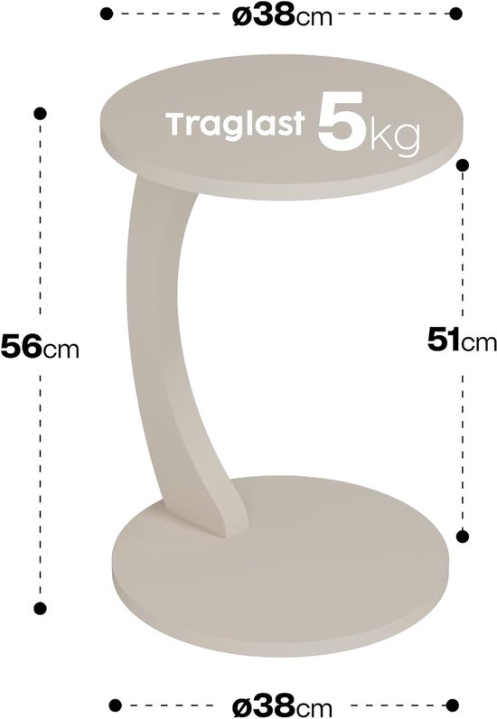 Sugodesign Salontafel met wieltjes, kleine bijzettafel C-vorm, bijzettafel, bank, stijlvolle salontafel in mooi zand-beige-look, ronde tafel als legplank voor bank en woonkamer, C-vorm