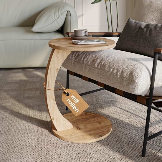 Sugodesign Salontafel met wieltjes, kleine bijzettafel, C-vorm, stijlvolle salontafel in mooie notenhoutlook, ronde tafel als legplank voor bank en sofa