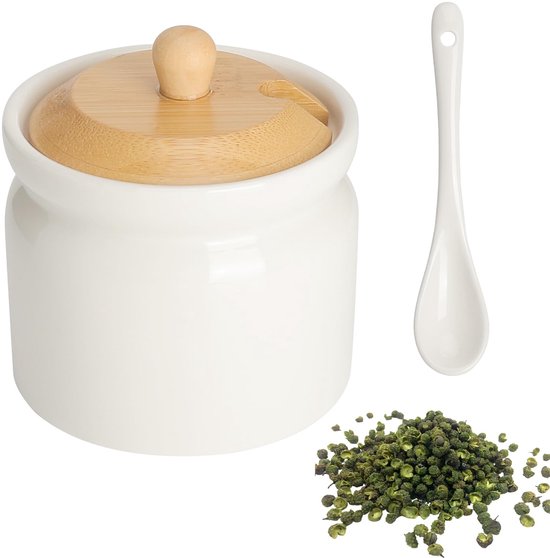 Suikerpot met deksel en lepel, 180 ml, keramische doos met deksel, suikerhouder van keramiek, zoutpot met deksel, kruidenpotjes, keramiek voor suiker, zout, specerijen, wit