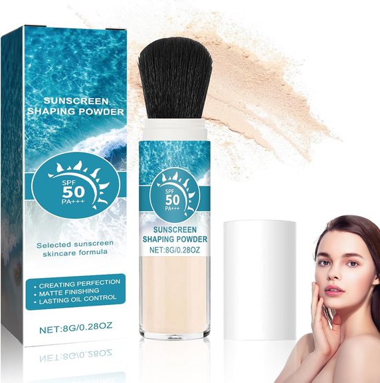 Sunscreen Setting Powder voor het gezicht met kwast, SPF 50, oliecontrole, lichtdoorlatend, licht, ademend en duurzaam, zonwering voor alle huidtypes