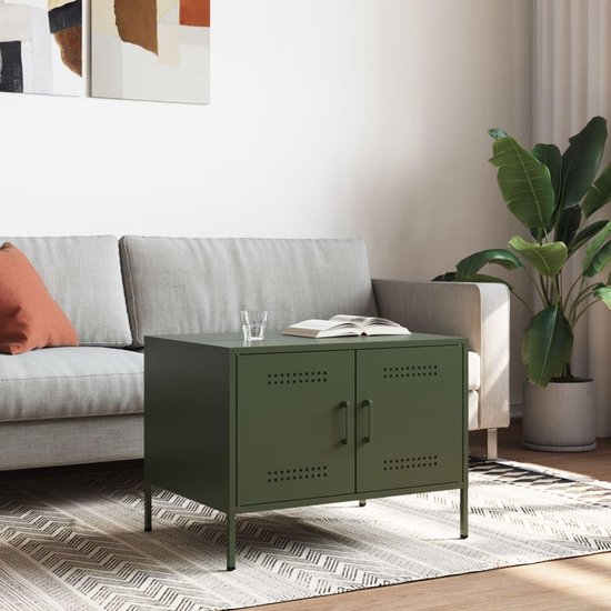 Table Bijzettafel voor bank, woonkamer, meubels, woonkamer, tafel voor bank, salontafel, olijfgroen, 68 x 50 x 50,5 cm, staal, voor slaapkamer, keuken, balkon, tuin