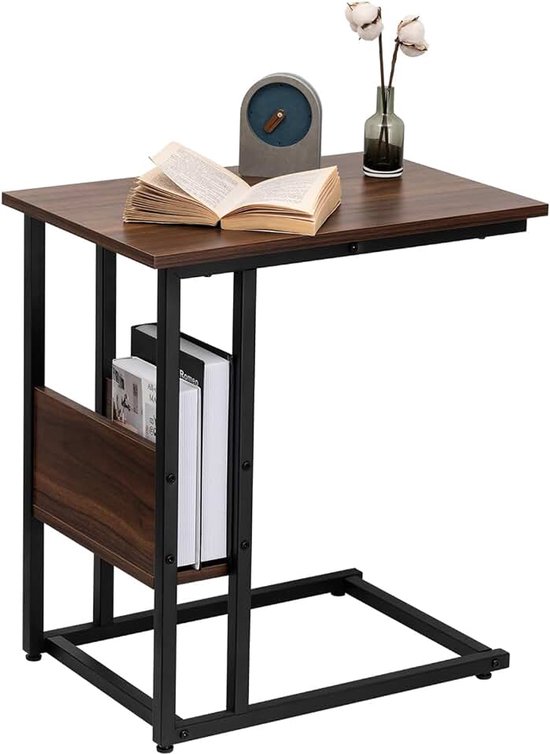 Tafel Bijzettafel Salontafel in metaal en Spaanplaat Nachtkastje Koffietafel 55x36x59.5cm Donker+Beuken TS79dc