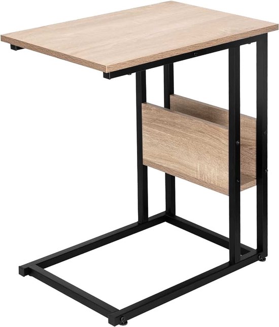 Tafel Bijzettafel Salontafel in metaal en Spaanplaat Nachtkastje Koffietafel 55x36x59.5cm Licht Eiken TS79hei