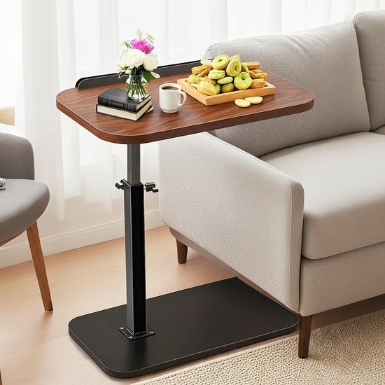 tafel eindtafel verstelbare hoogte, laptop tafel voor bank, bed, leeshoek, C-vormige bijzettafel voor bank, 360 ° draaibare tv-lade tafel, bank tafels die eronder glijden, koffie (Walnoot)