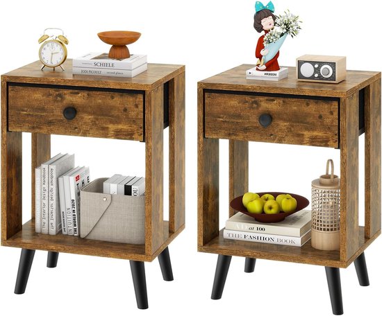 Tafel, Set van 2, Bijzettafel, Nachtkastje, Lade in Stof, Open Plank