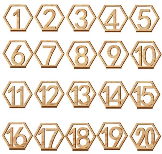 Tafelnummers restaurant - 20 stuks houten cijfers met sokkel - tafelkaarten bruiloft 1 tot 20 cijfers - tafelnummers van hout 1-20 tekens tafelnummer - 1-20 tafelkaarten bruiloft, Brons., M