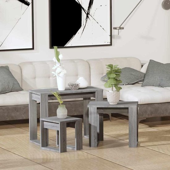 Tafels 3 STK. Grijs Sonoma houtmateriaal, set van 3 bijzettafels in verschillende maten, ruimtebesparend in elkaar opgeborgen, multifunctioneel voor woonkamer of slaapkamer