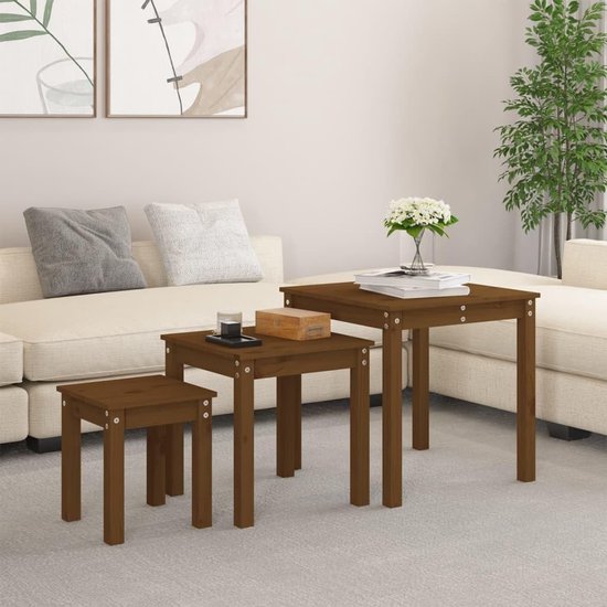 Tafels 3 STK. Honingbruin massief hout grenen - bijzettafels set voor woonkamer, multifunctionele houten tafels klein als nachtkastje, ruimtebesparend stapelbaar