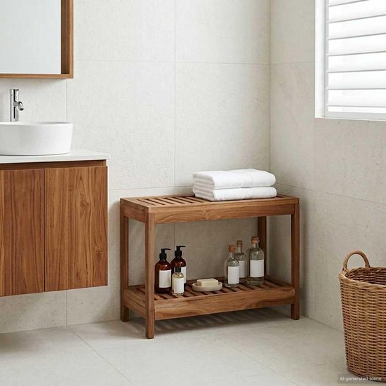 Teak bijzettafel 60 x 30 x 45 cm voor badkamer, robuuste opbergtafel van teakhout