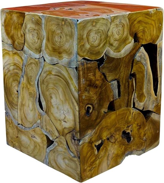 Teak bijzettafel BAN HAU - wortelhout design kubus - mozaïek boomschijven 45x40x40cm