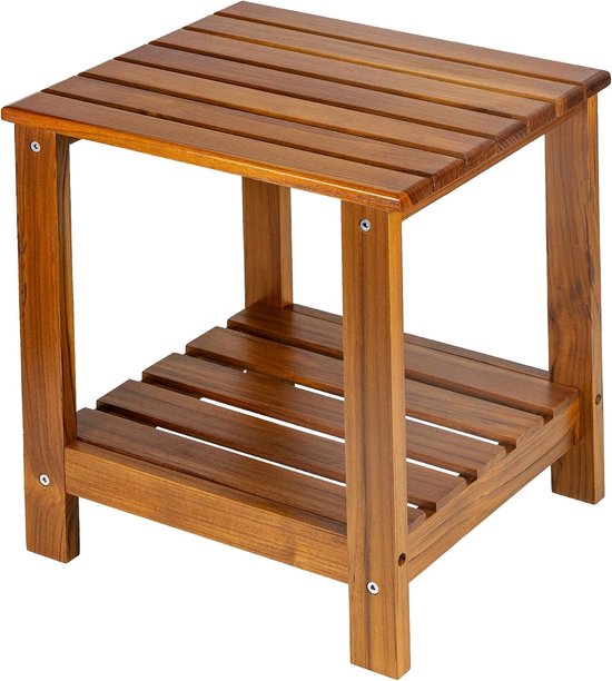 Teak Bijzettafel Buiten, Patio Eindtafel Dubbele Laag | Houten Koffie Accent Tafels voor Achtertuin, Tuin, Bed, Woonkamer, Bank