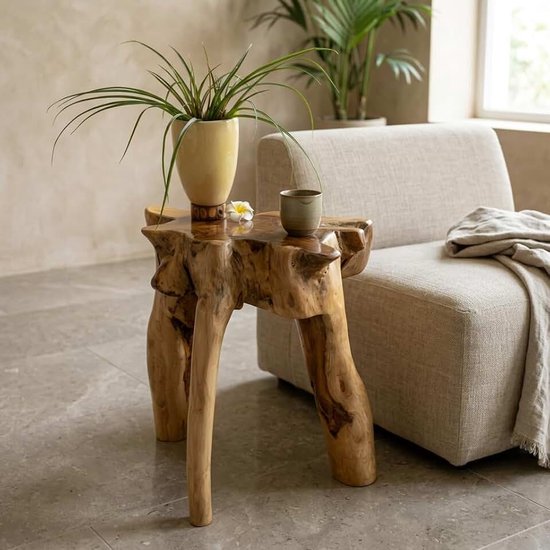 Teak wortelhout massief houten platform Mekong - houten bijzettafel van een teakhoutwortel als bloemenstandaard of nachtkastje in rustieke look