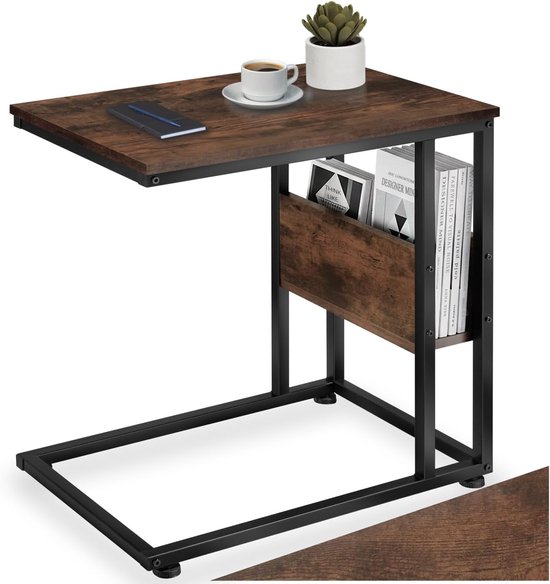 Tectake - Bijzettafel van hout en metaal - industrieel design salontafel met zijvak - 55 x 36,5 x 60 cm - zwart metalen frame (industrieel donkerbruin)