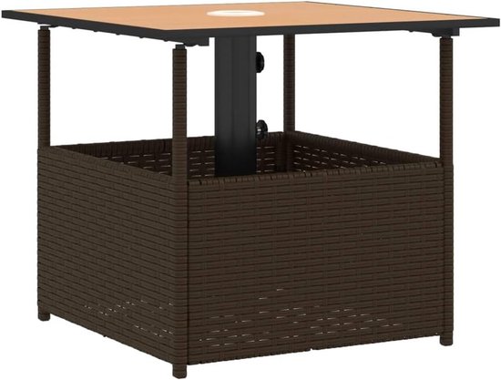 Terras met parasolgat, bruine tuintafel 55 x 55 x 46,5 cm van PE-rotan en acaciahout, stabiel gepoedercoat stalen frame voor buiten