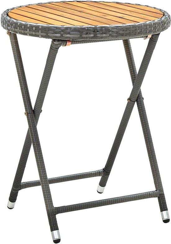Terrastafel, tuinmeubelen, tafel, outdoor tafel, bijzettafel, grijs, 60 cm, polyrotan en acaciahout, massief hout voor tuinen, terrassen, balkons