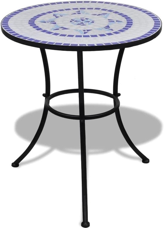 Terrastafel, tuinmeubelen, tafel, outdoor tafel, bistrotafel, blauw en wit, 60 cm, mozaïek voor tuinen, terrassen, balkons