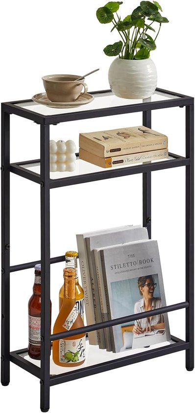 TMZ002B Smalle bijzettafel met opbergplank, slanke bijzettafel met 3 niveaus, moderne banktafel, klein nachtkastje, telefoontafel voor kleine ruimtes, voor woonkamer, slaapkamer, zwart TMZ002B