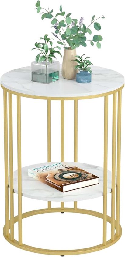 Top Bijzettafel Goud: Kleine Ronde Eindtafels 40 x 54 cm Gesinterde Steen Nachtkastje met Metalen Gouden Poten Moderne Witte Nachtkast 2-laags Ronde Sofa Salontafel voor Slaapkamer Woonkamer
